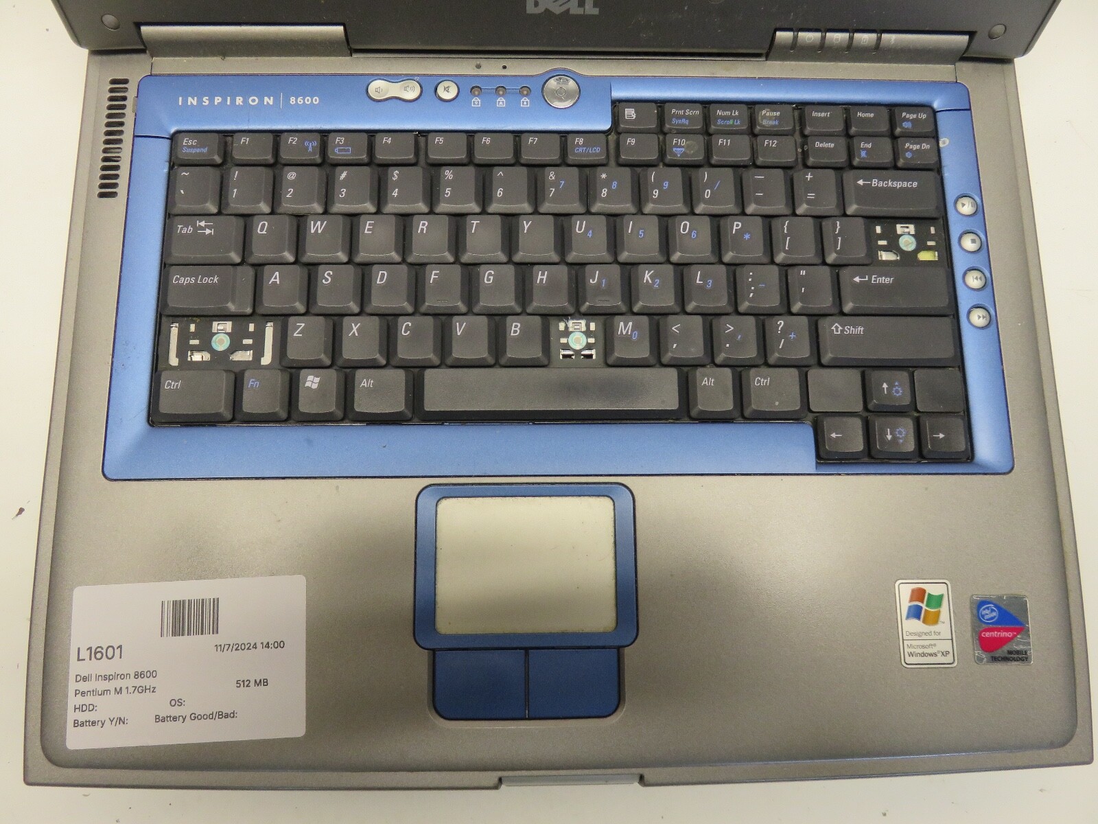 Dell Inspiron 8600 Pentium M 1.7GHz 512 MB NO HDD No Batt