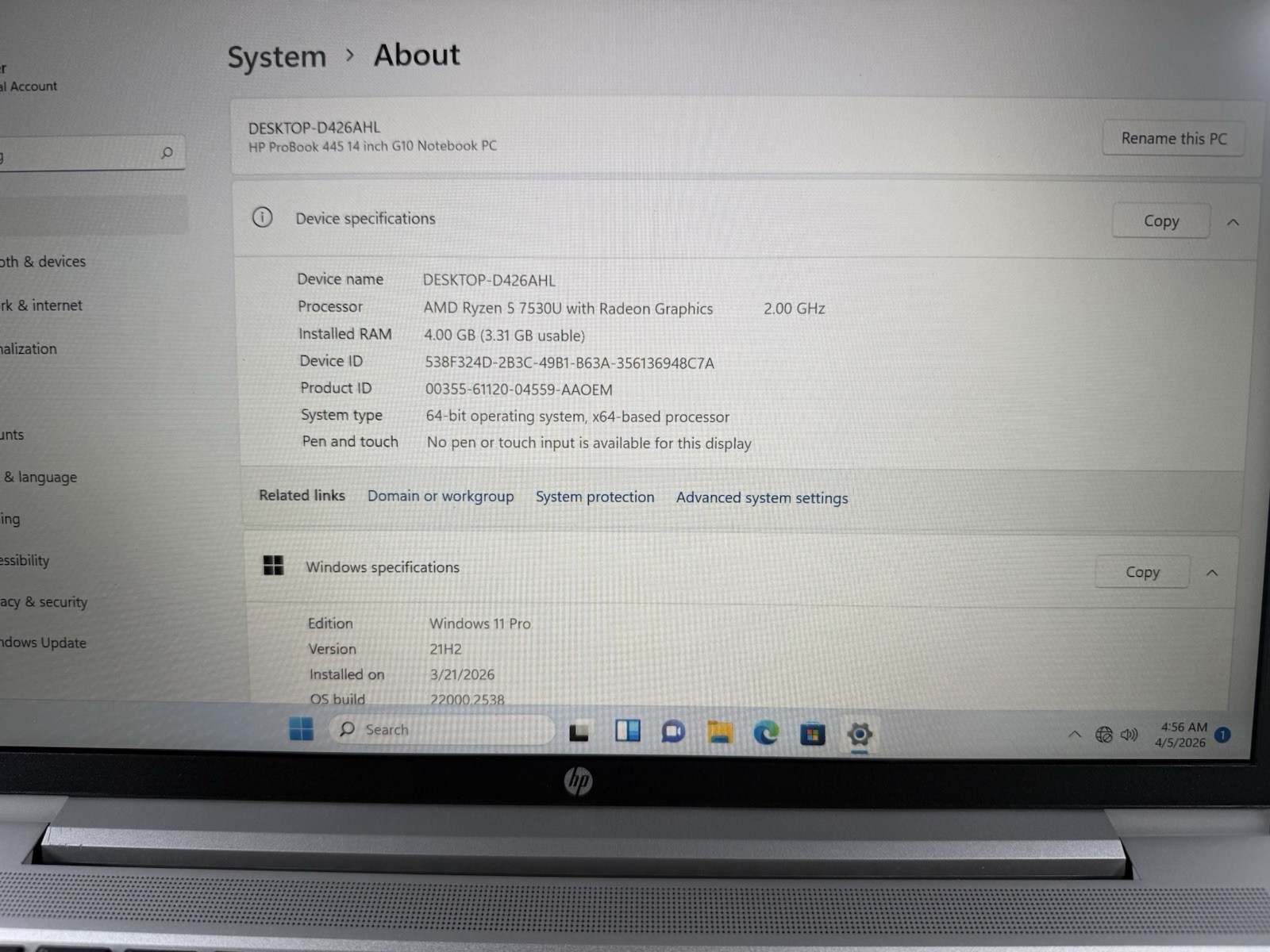 HP PROBOOK 445 G10 14″ LAPTOP + RYZEN 5 7530U + 4GB DDR4 + 256GB NVMe + WIN 11