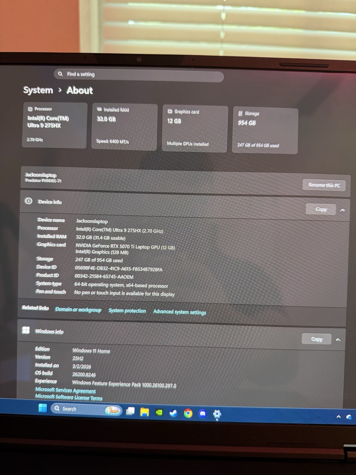 Acer Predator Helios Neo 16 16″ Ultra 9 275HX 32GB 954GB SSD RTX 5070 Ti