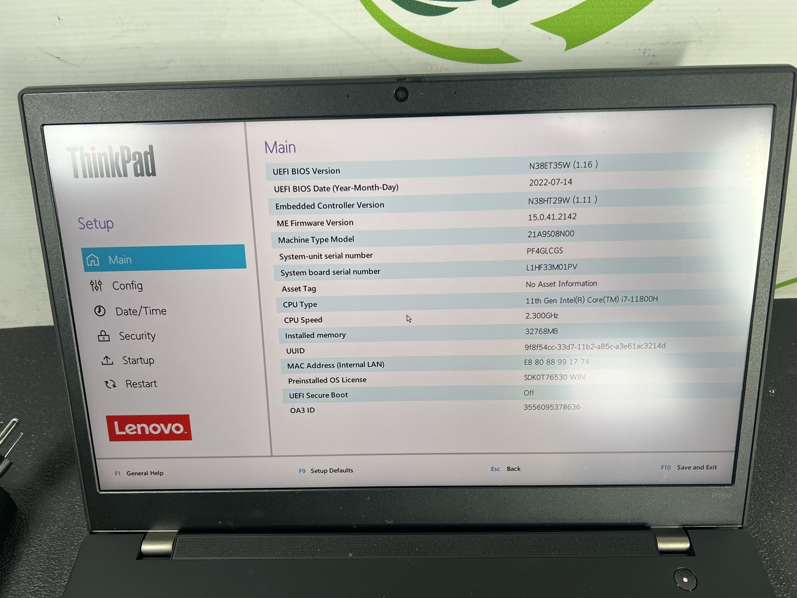 Lenovo ThinkPad P15v Gen 2 i7-11800H 2.3GHz 32GB DDR4 1TB M.2 Quadro T600