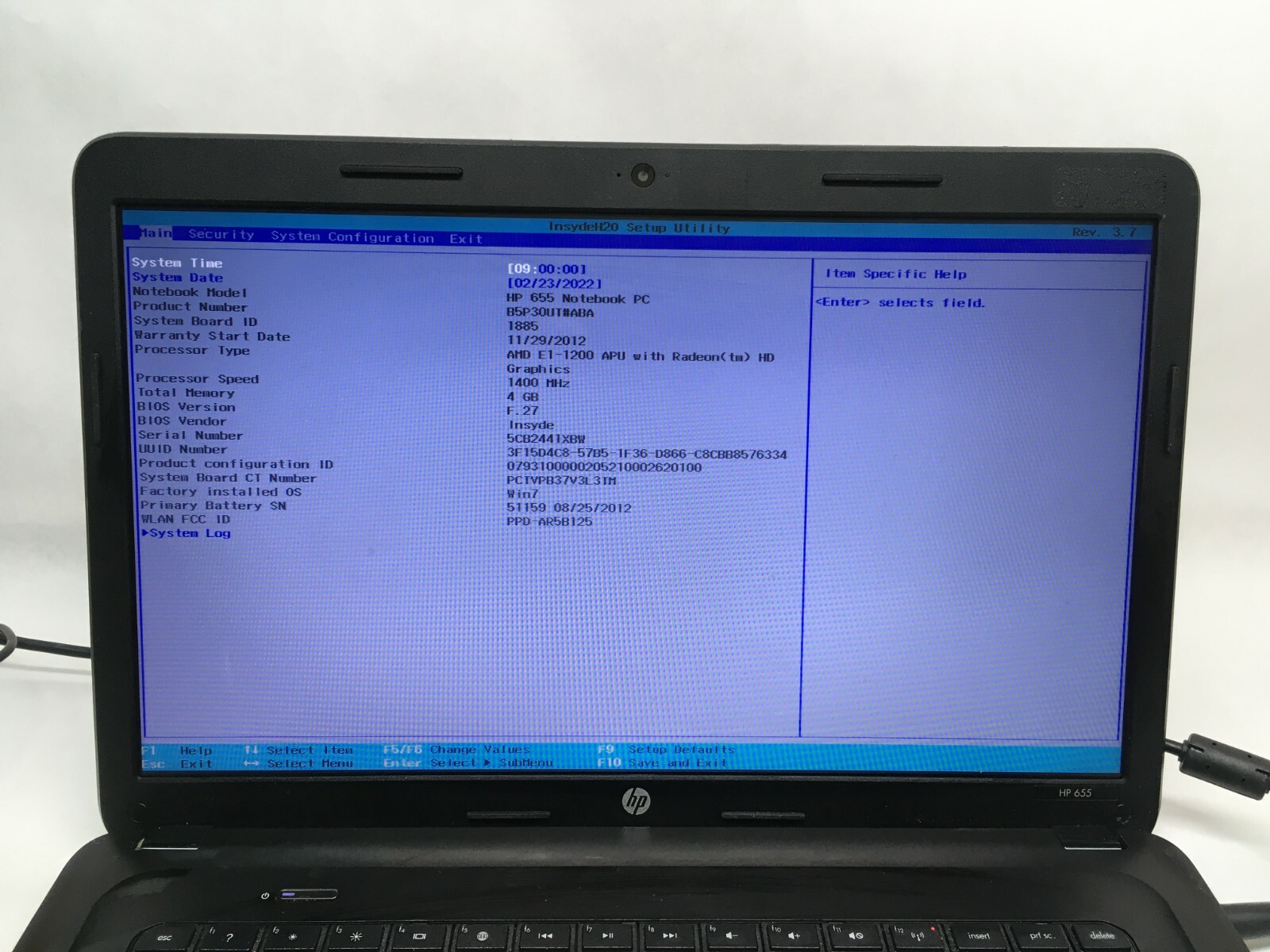HP ProBook 655 15.6″ Laptop AMD E series Boots to BIOS NO HDD/RAM/Charger JR