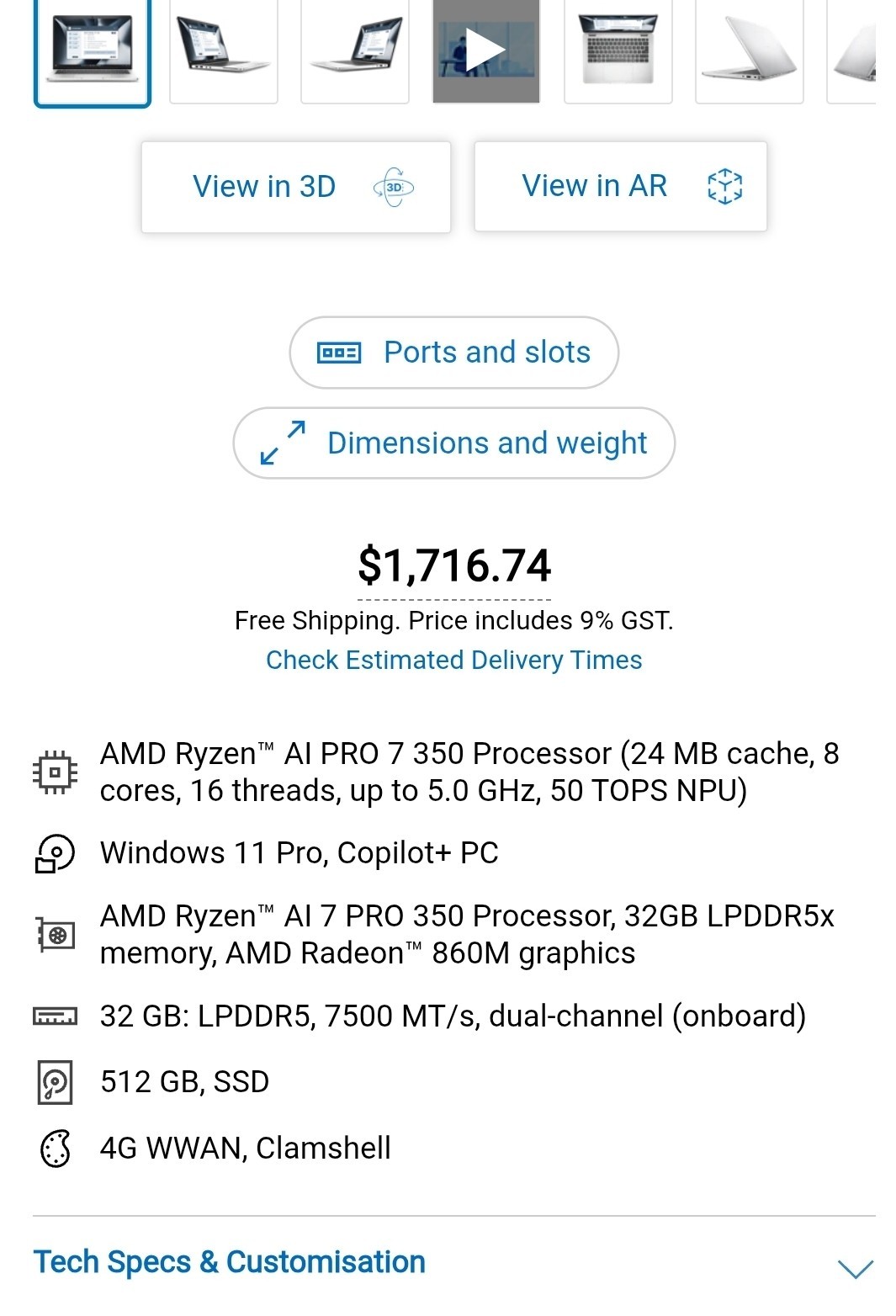 Dell Pro 13 Plus 13.3″ Ryzen AI 7 PRO 350, 32GB 512GB SSD, 4G LTE, Platinum, NEW