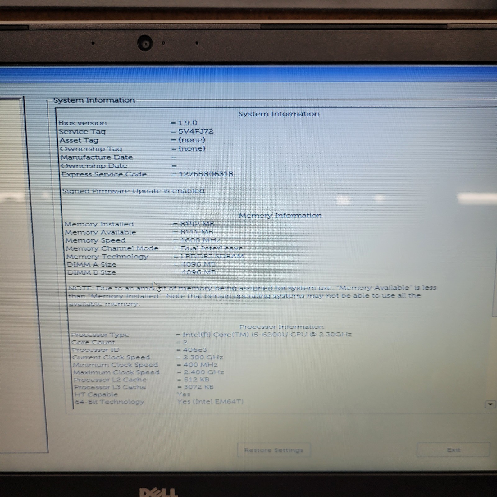 Laptop Dell P51F Intel Core i5-6200U @2.30Hz, 8 GB RAM, WINDOWS 11