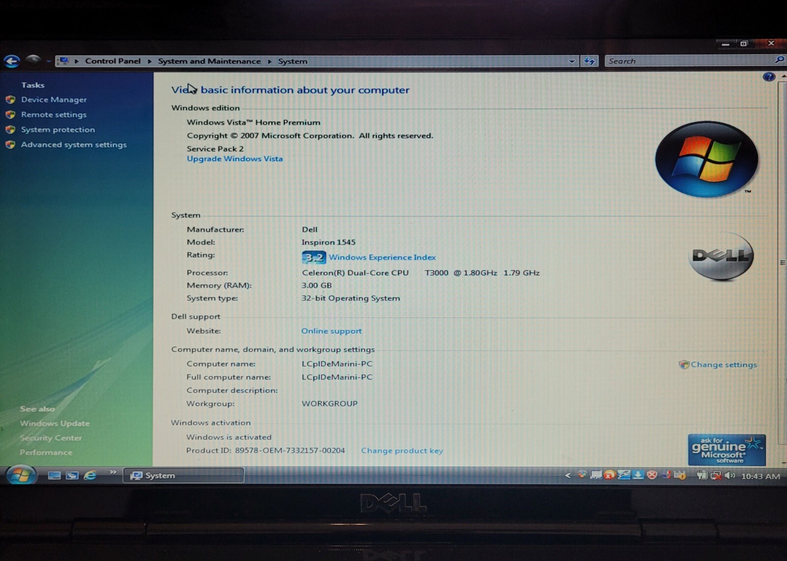 Dell Inspiron 1545 15.6in. 250GB, Intel Celeron Dual Core 2GHz 3GB ~ Parts Only