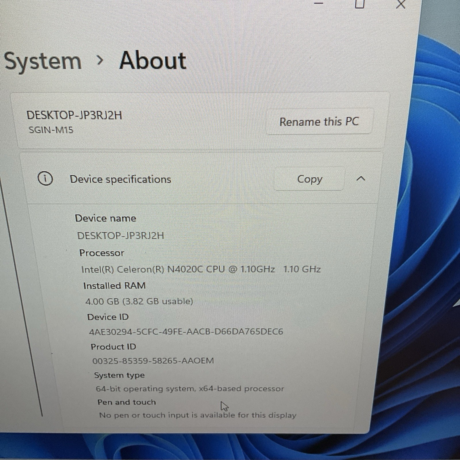 SGIN SGIN-M15 15.6″ FHD Celeron N4020C 1.1GHz Intel UHD Graphics 600 4GB RAM