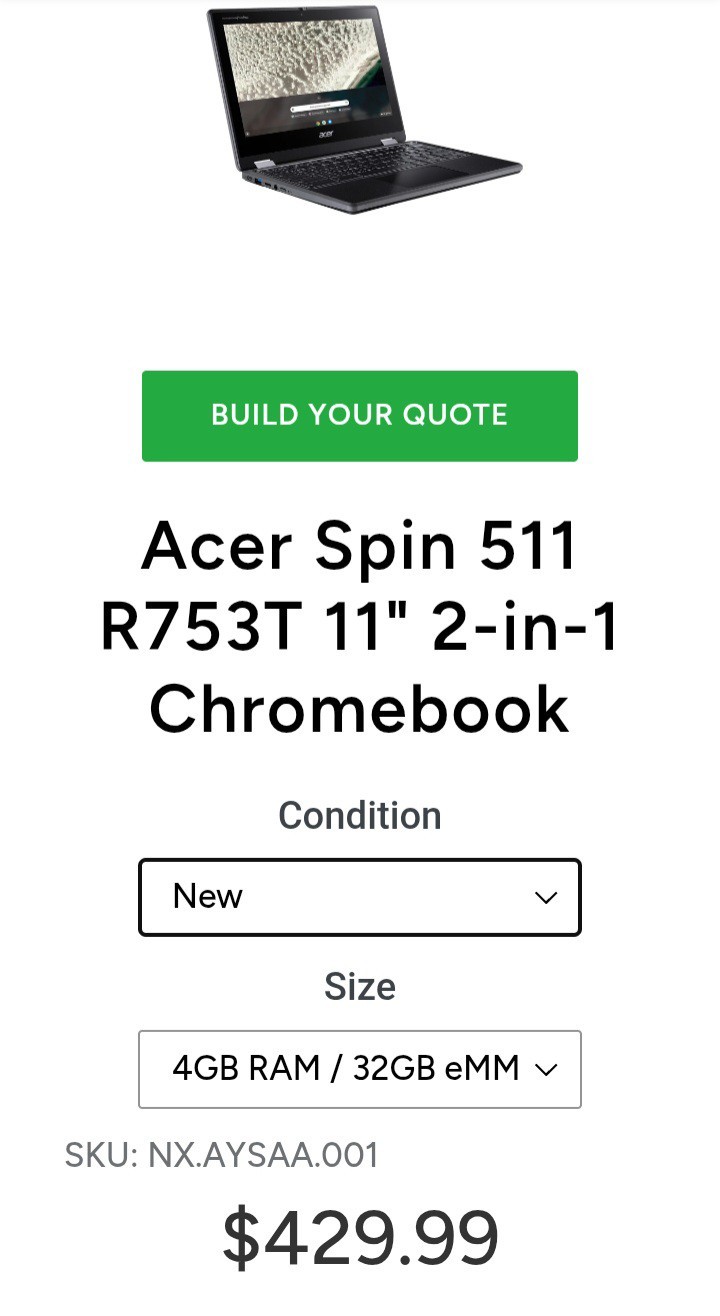 Acer Spin 511 R753T 11in Touchscreen 2-in-1 Chromebook N4500 4GB 32GB
