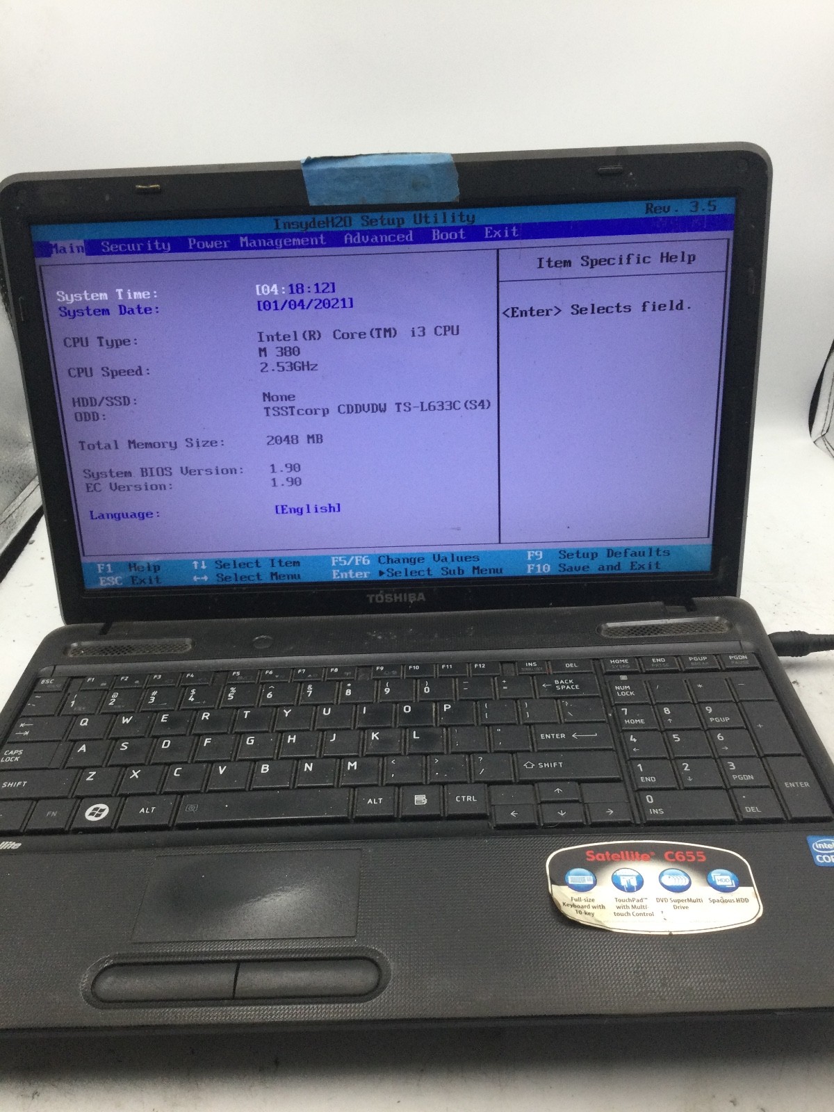 TOSHIBA SATELLITE C655-S5128 – BOOTS TO BIOS – INTEL I3 – 2GB RAM – READ DESC-BB