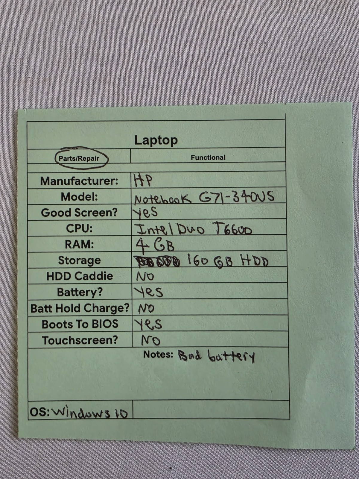 HP Notebook G71-340Us Laptop Intel Duo T6600 4GB RAM 160GB HDD BAD BATT Win 10