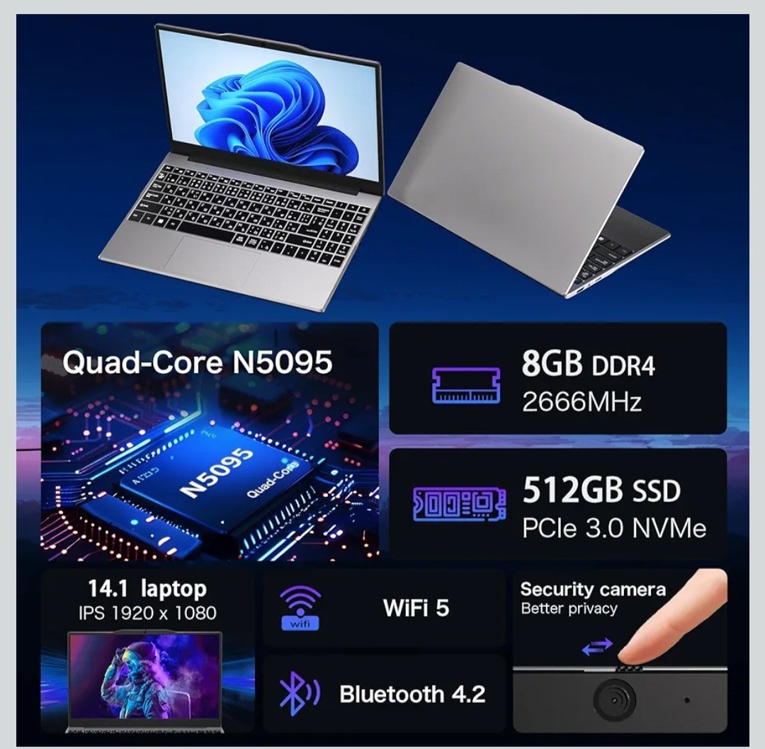 14.1in FHD IPS Laptop Intel Celeron N5095 8GB RAM 512GB SSD Wi-Fi BT