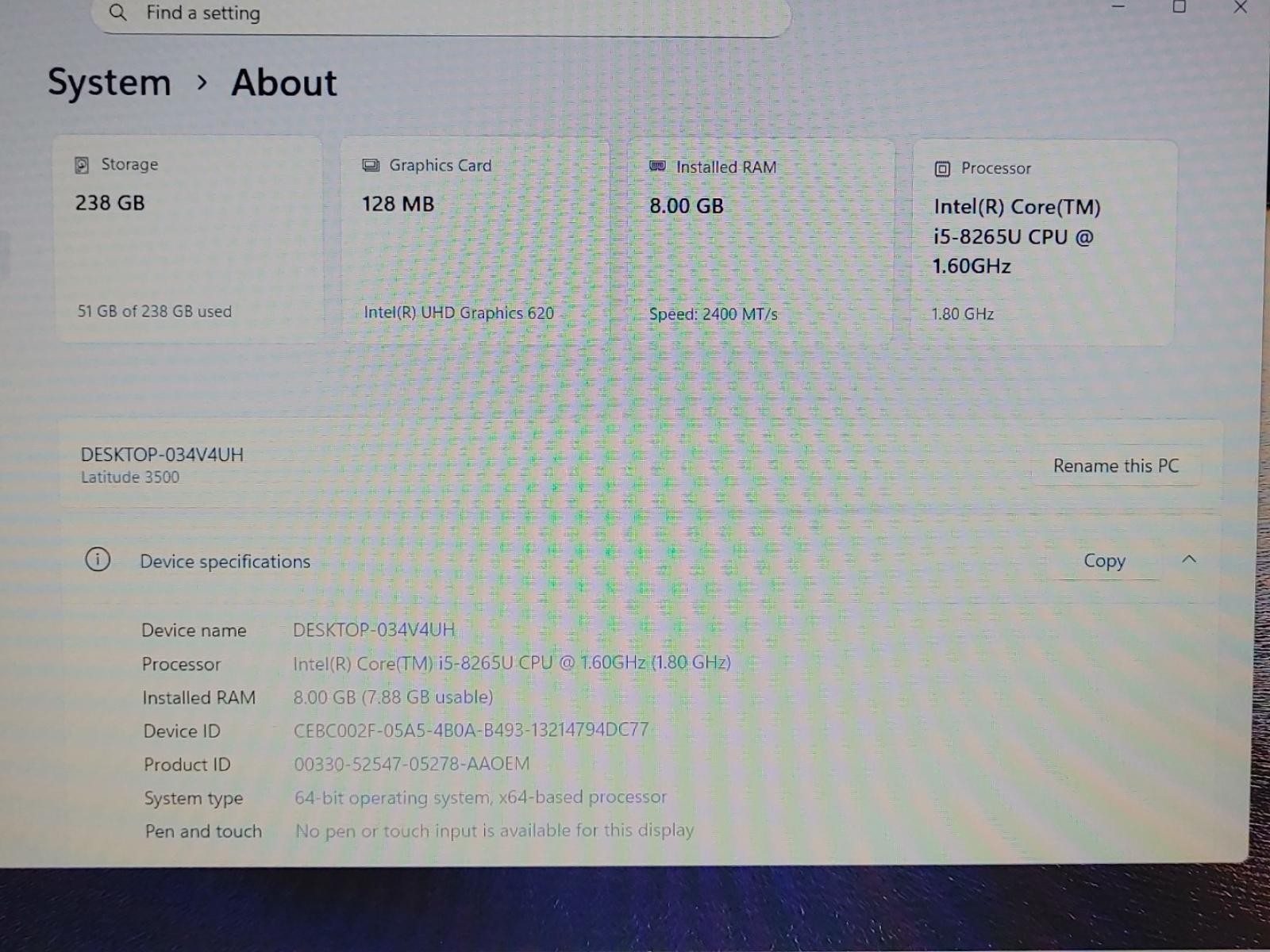 Dell Latitude 3500 15.6″ Intel i5-8265U 8GB 256GB Win11Pro *NO A/C* ***READ***
