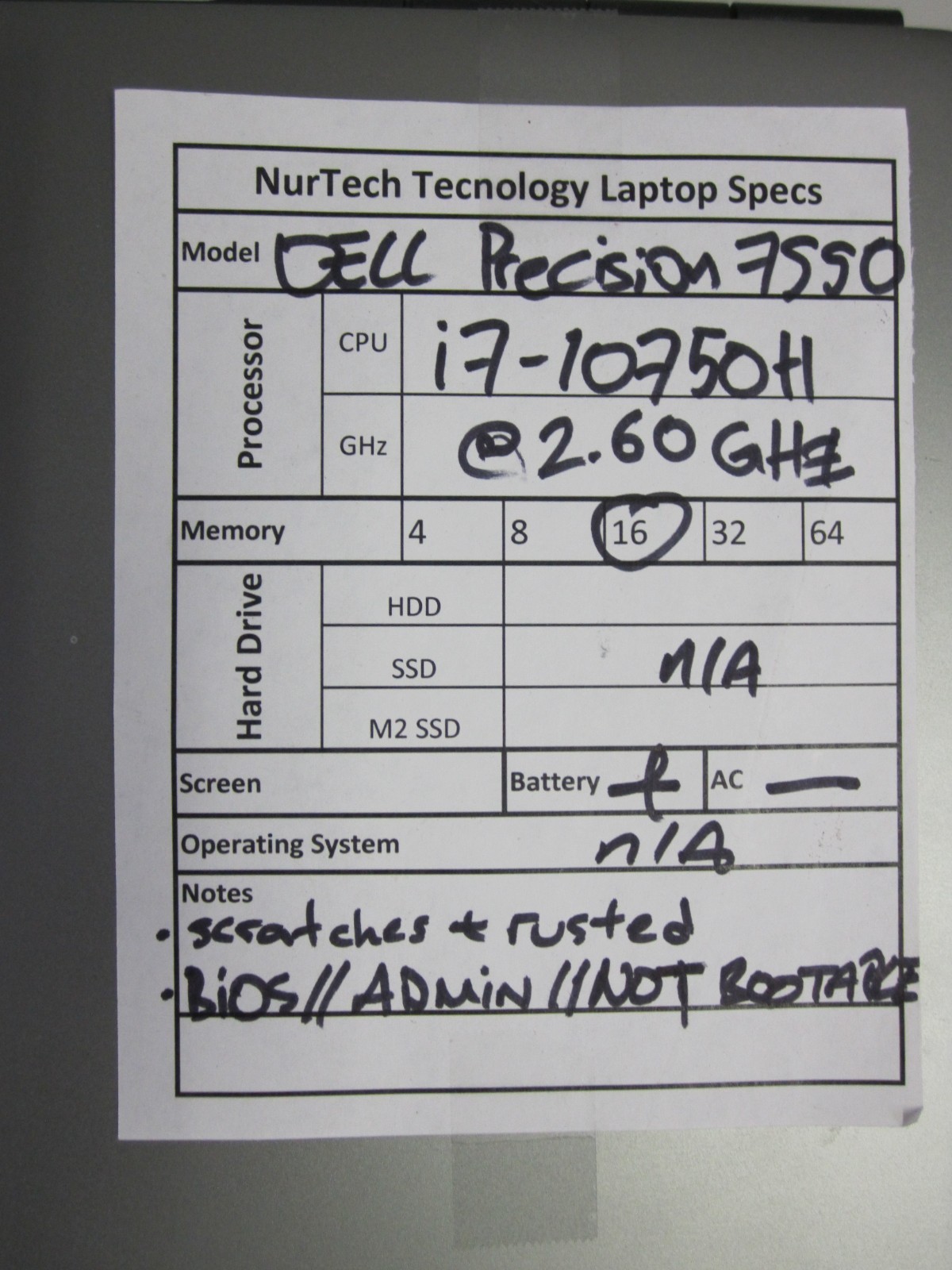 DELL PRECISION 7550 i7-10750H 2.60GHz 16GB Laptop NO AC/OS/HDD BIOS