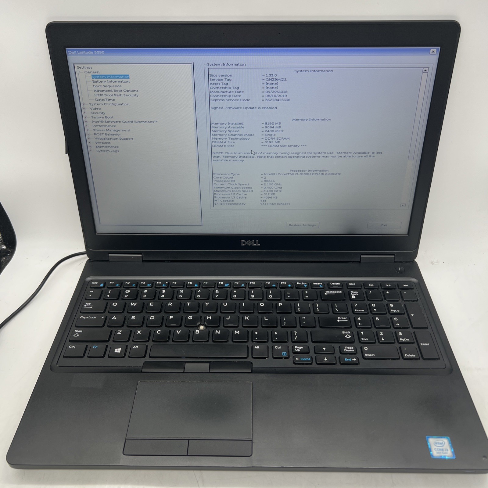 Dell Latitude 5590 Intel i3 8130U 2.2GHz 8GB RAM No Drive No OS LCD Blemish