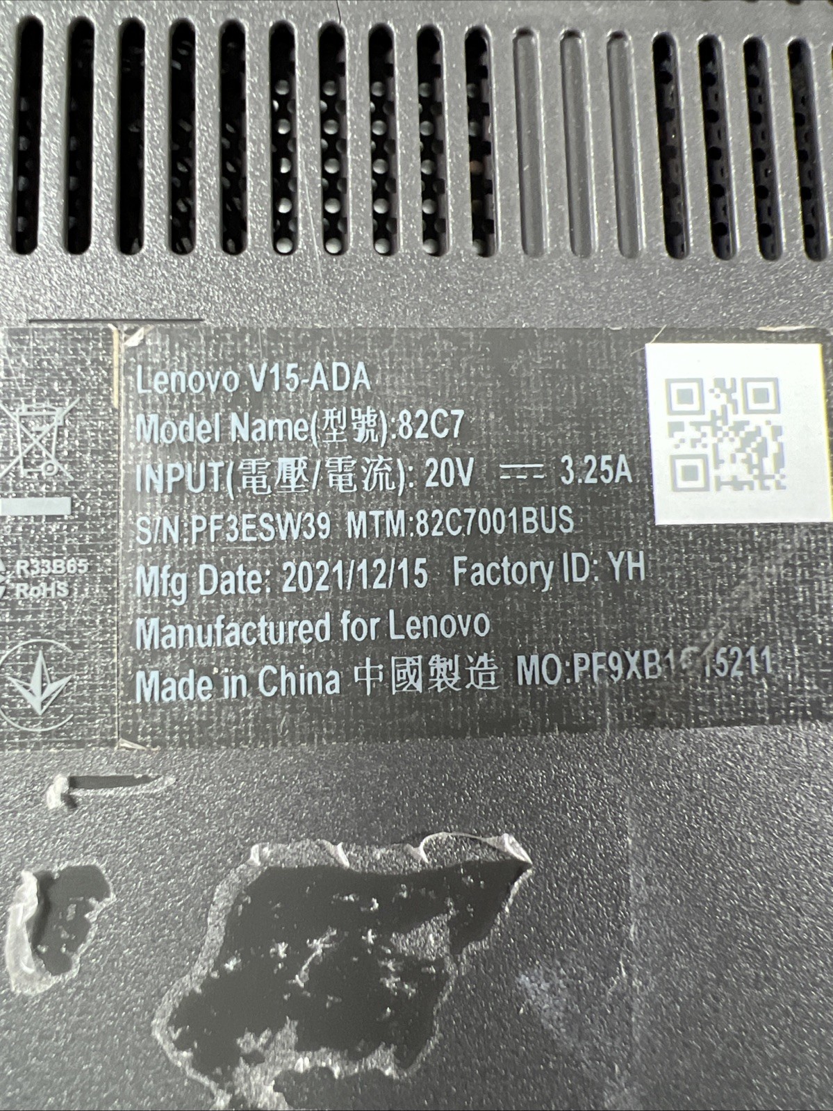LENOVO V15-ADA AMD ATHLON GOLD 3150U 8GB RAM **NO HD/ NO CADDIE/ NO OS