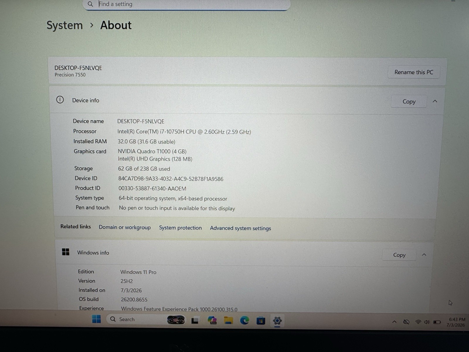 Gaming! Dell Precision 7550 15.6″ FHD i7-10750H 2.6GHz 32GB 256GB NVIDIA T1000
