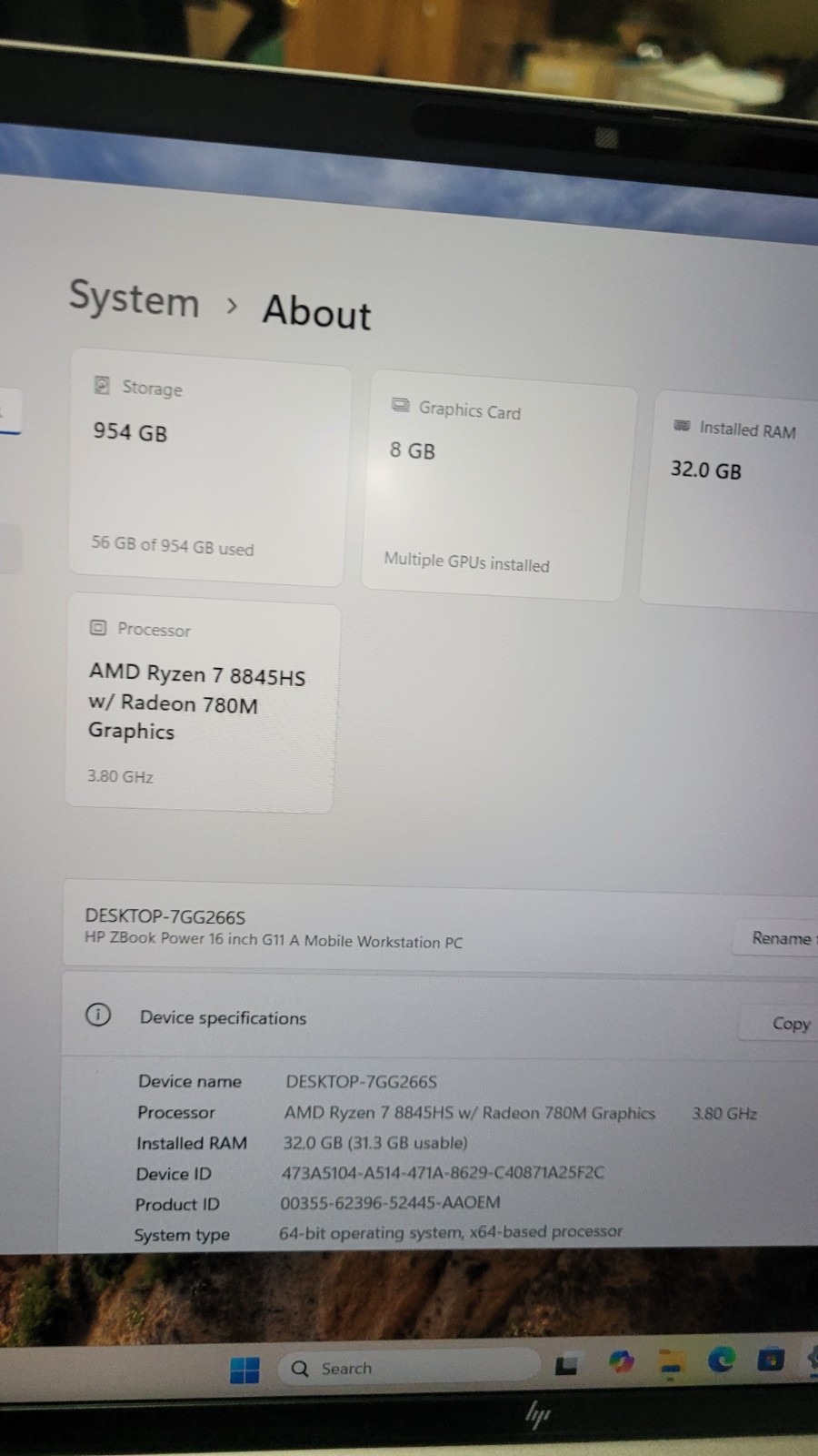 HP ZBook Power 16″ G11A AMD Ryzen 7 8845HS 16GB DDR5 1TB SSD RTX2000/8GB W11P