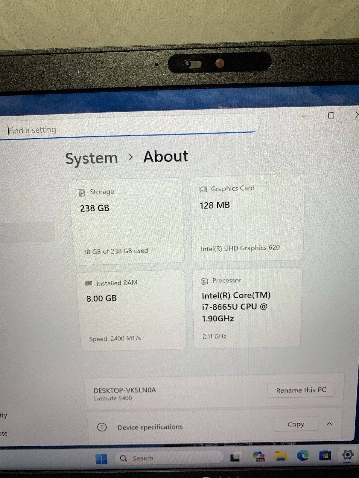 Dell Latitude 5400 i7-8665U 8GB 256GB SSD Win11 14in FHD Black