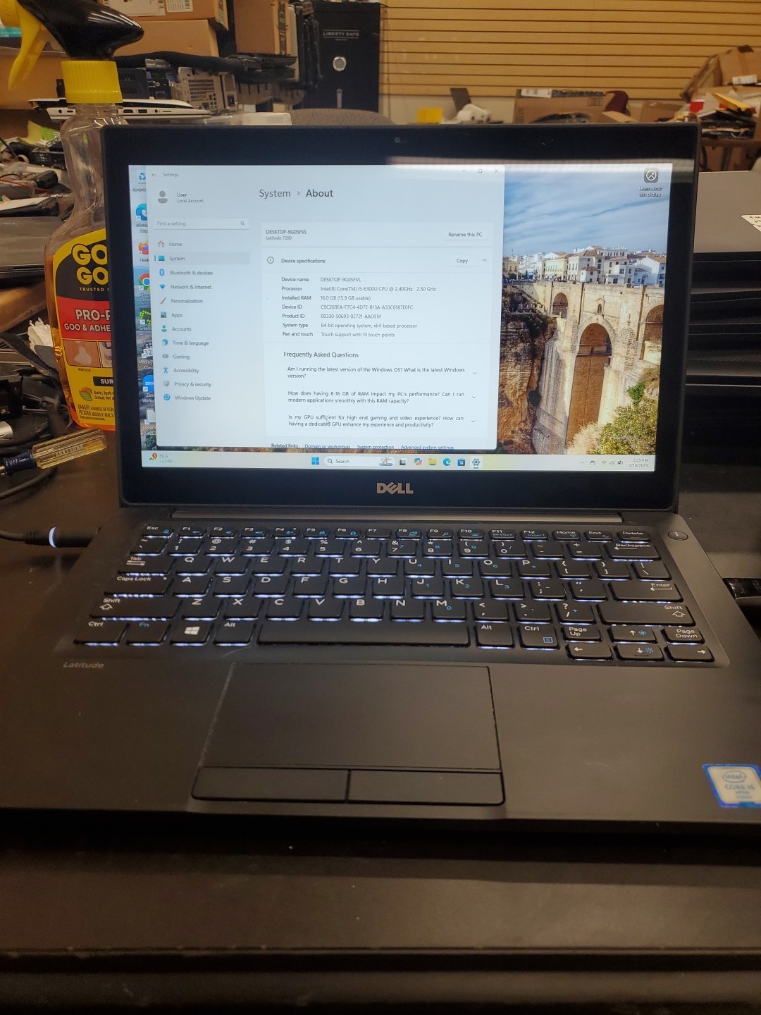 Dell Latitude 7280 Touchscreen 256GB SSD, i5-6300U 16GB Laptop 71625-2 K Poor KB