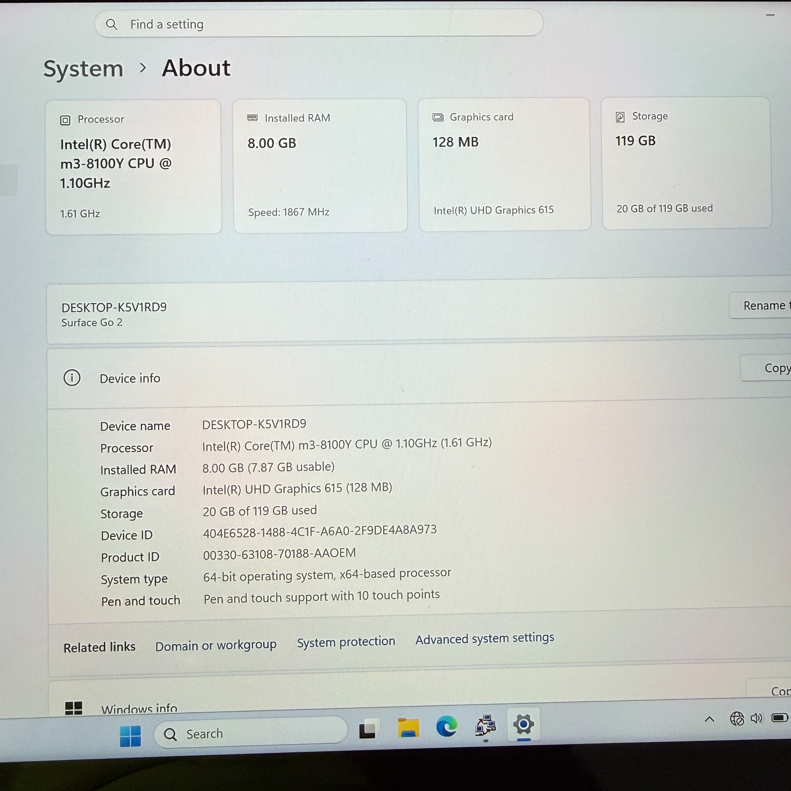 Microsoft Surface Go 2 1927 10.5″ m3-8100Y 1.1GHz 8GB RAM 128GB SSD Win11P Good