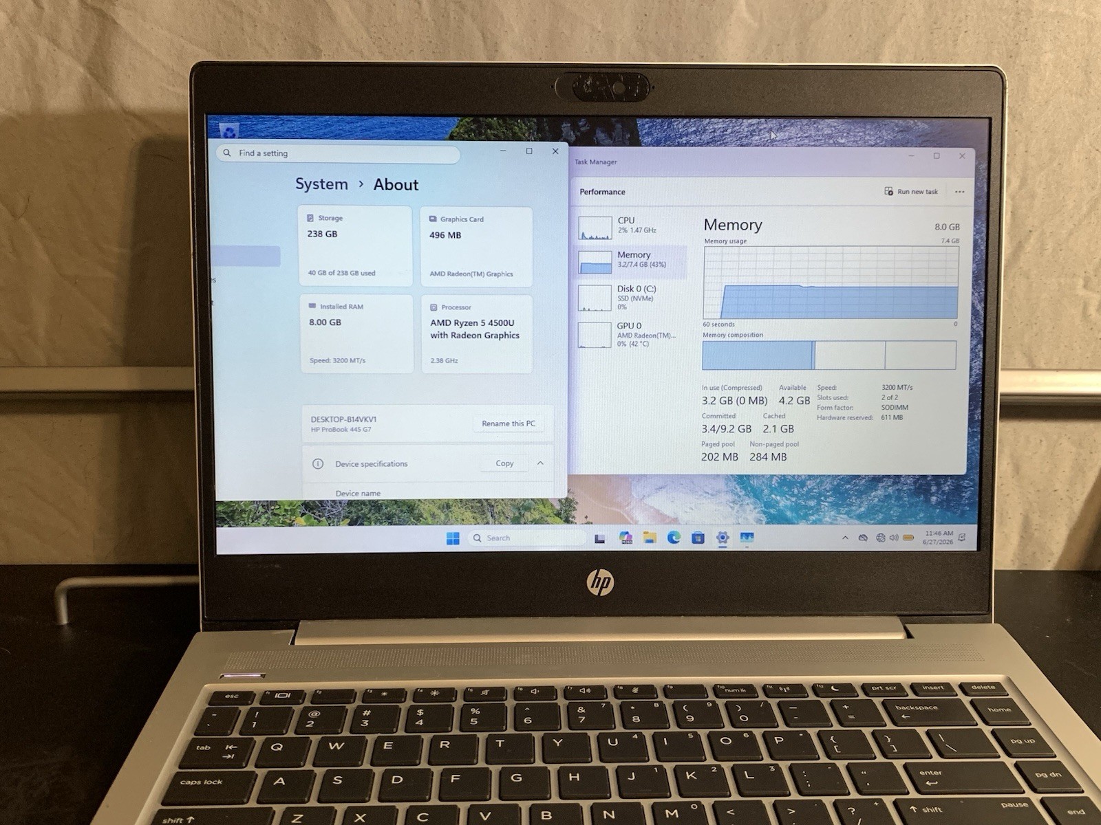HP ProBook 445 G7 Ryzen 5 4500U 8GB 256GB SSD Win11 14in Silver