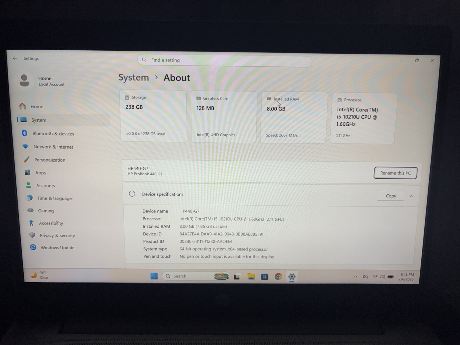 HP ProBook 440 G7 14″ i5-10210U 8GB 238GB SSD Win 11 Backlit Silver