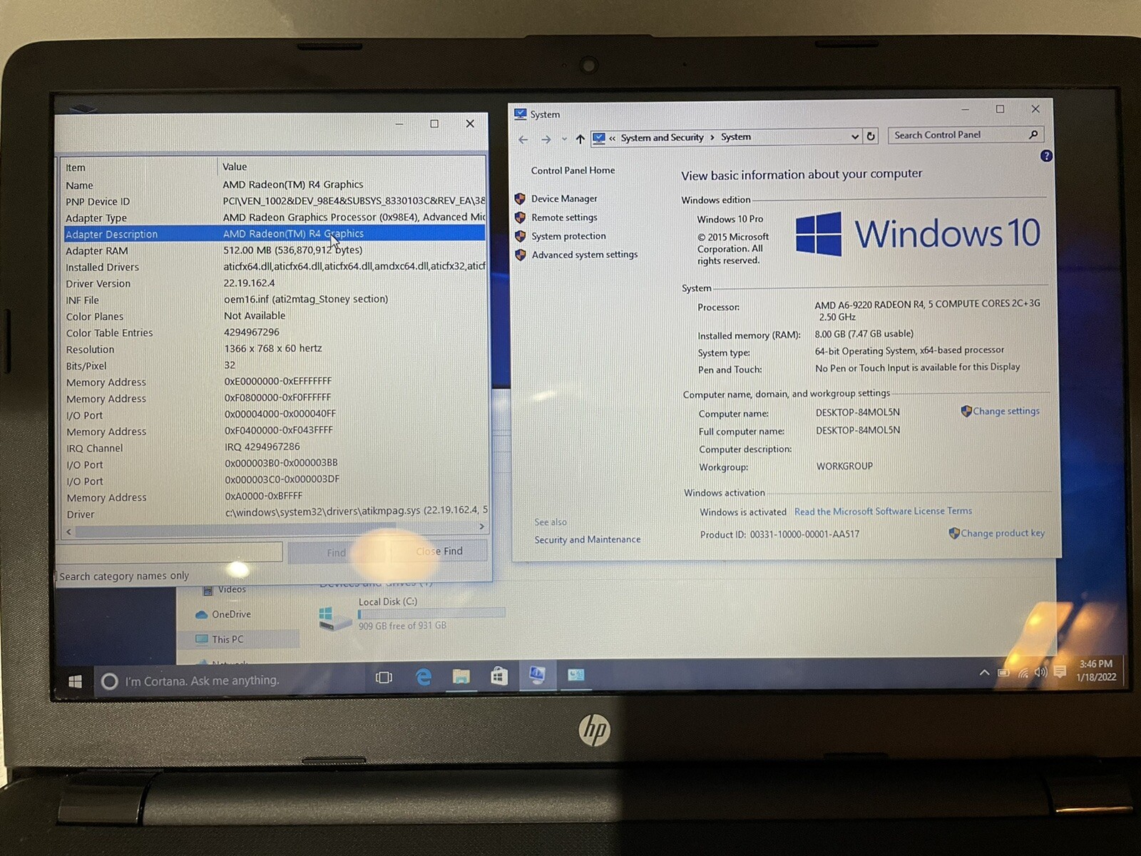 HP Notebook AMD 7th Generation A6-9220 2.50GHz 8GB 1TB HDD 15.6″ 15-bw027au W10