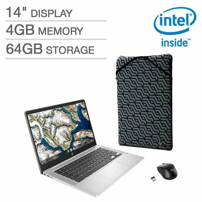 HP 14″ Chromebook FHD IPS N4000 4GB 64GB 14a-na0023 Laptop Sleeve & Mouse Bundle