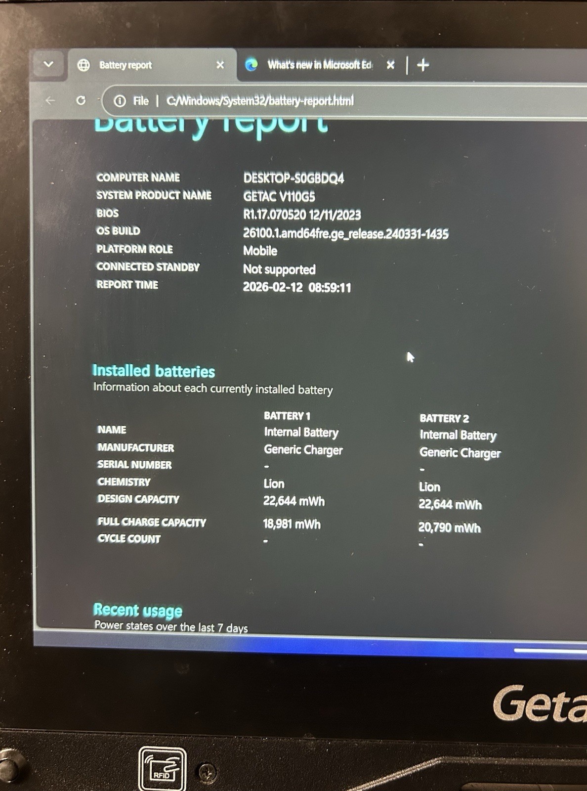 Getac V110 G5 Rugged Toughbook i7-8565U 256GB SSD 16GB 4G Touchscreen Win 11 Pro