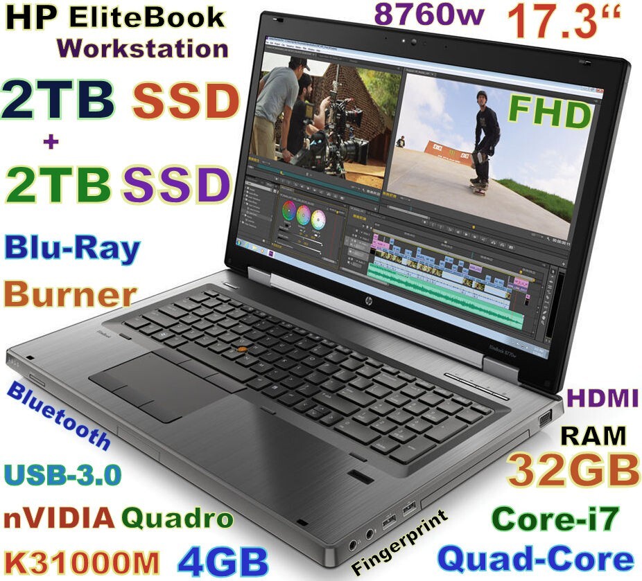 Workstation HP 8760w 17.3 i7-Quad (2TB + 2TB) SSD Blu-RAY 32GB Quadro K3100M 4GB