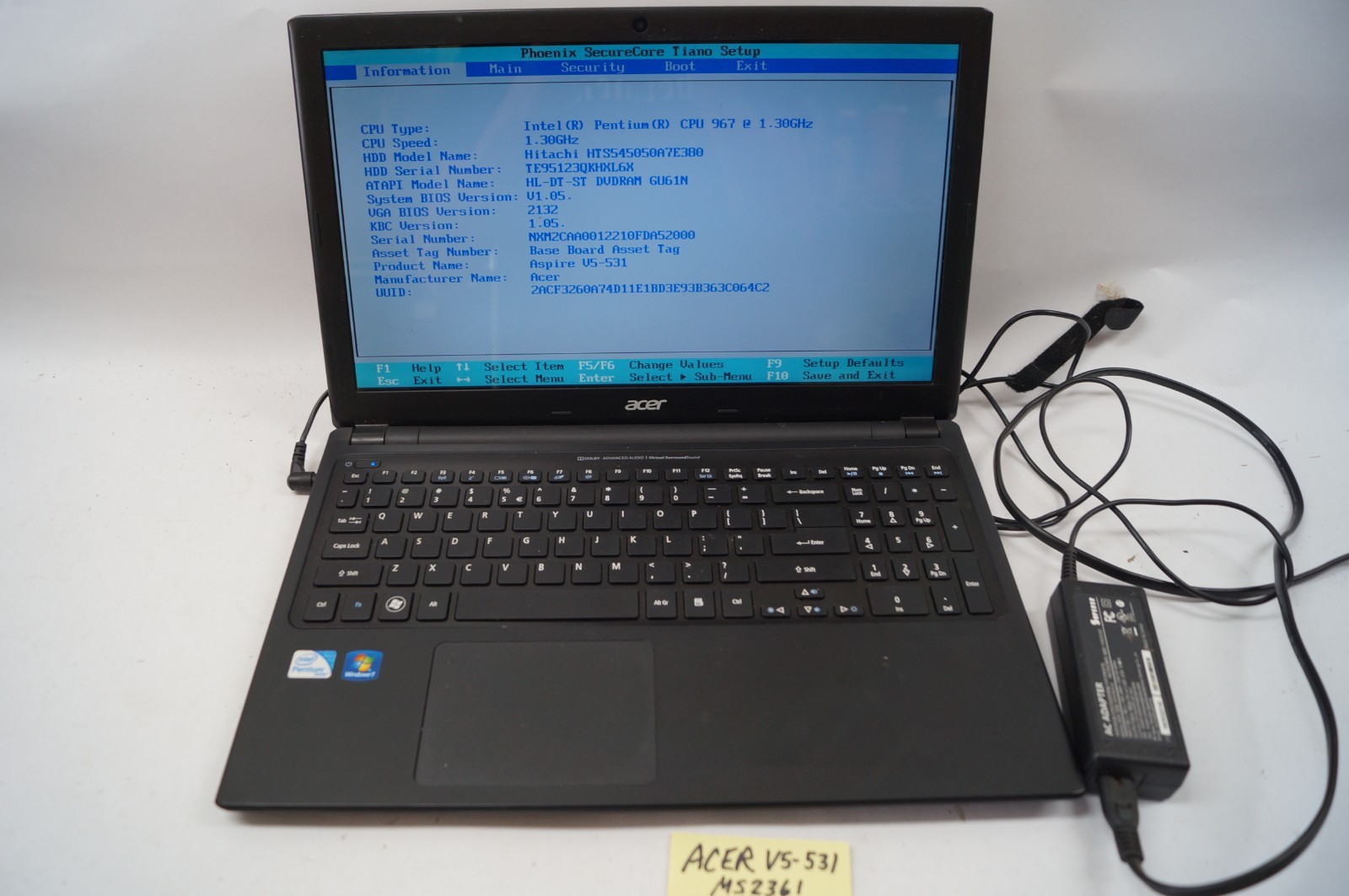 ACER V5-531 MS2361 Aspire Laptop 15.5″ Win7 1.3GHz w Power Cord WORKING PoR D152