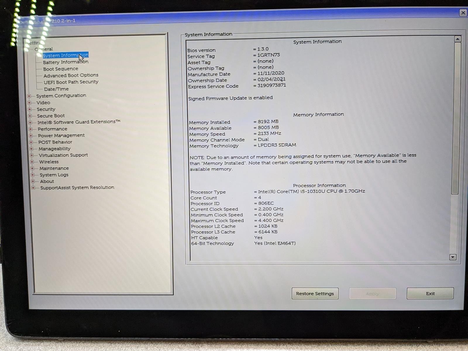 DELL LATITUDE 7210 2-IN-1 i5-10310U @ 1.70GHz, 8GB RAM, NO HDD/OS