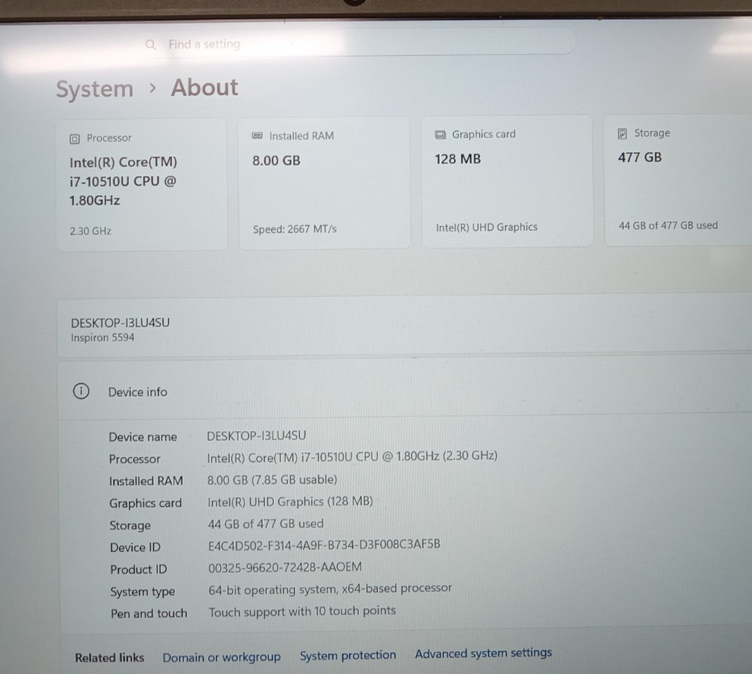Dell Inspiron 5594 15.6″ Laptop (512GB SSD, i7 10th, 8GB) – Full Function, *COND