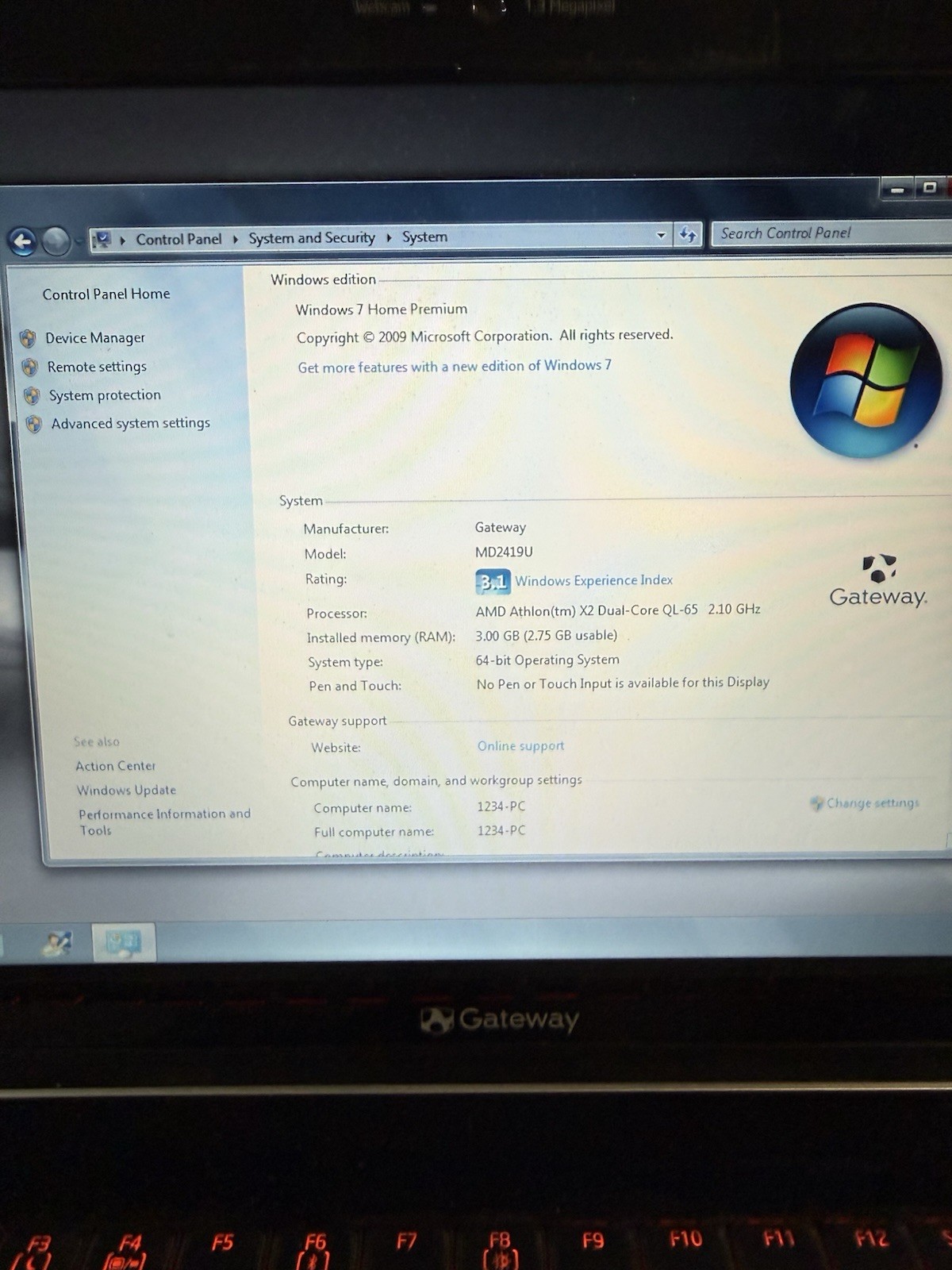 Gateway Md 2419u Win 7 Laptop AMD X2 Dual Core 2.10ghz 3GB Needs New Battery