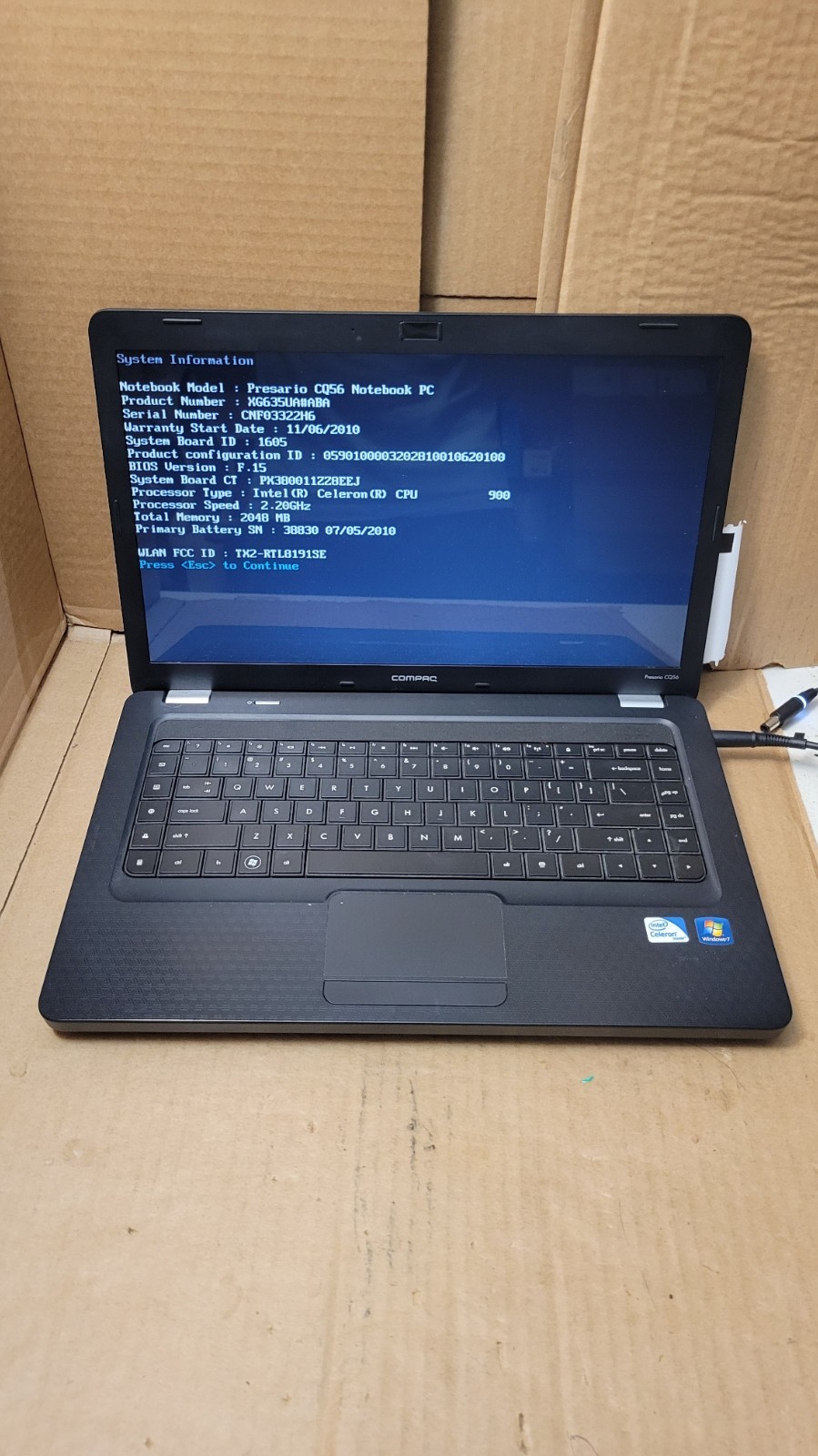 Compaq Presario CQ56 Intel Celeron 900 2.2GHz 2 GB RAM –Parts or Repair–