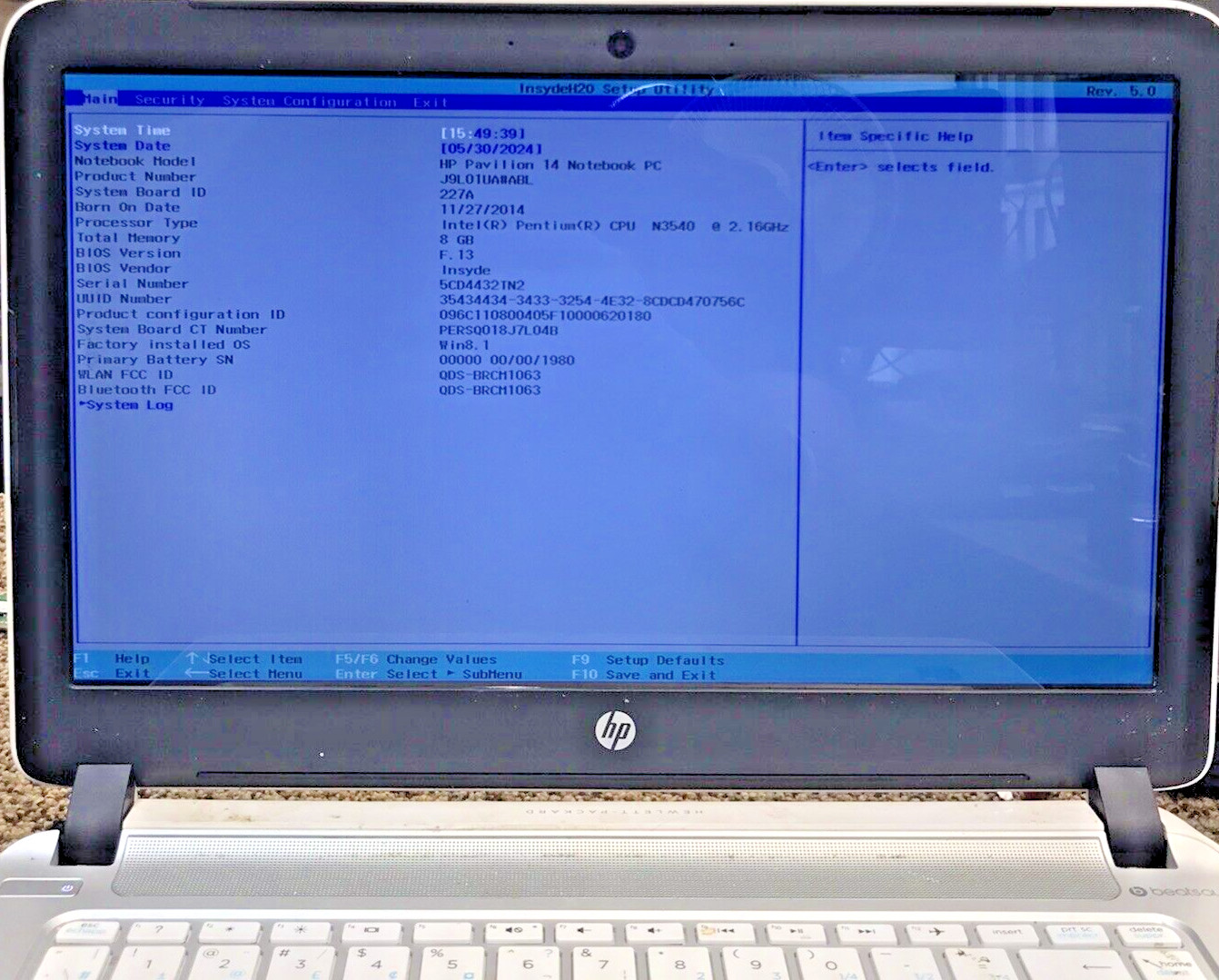 HP Pavilion 14-V134CA 14″Laptop Pentium N3540 8GB 720GB No OS Boot/BIOS H2069