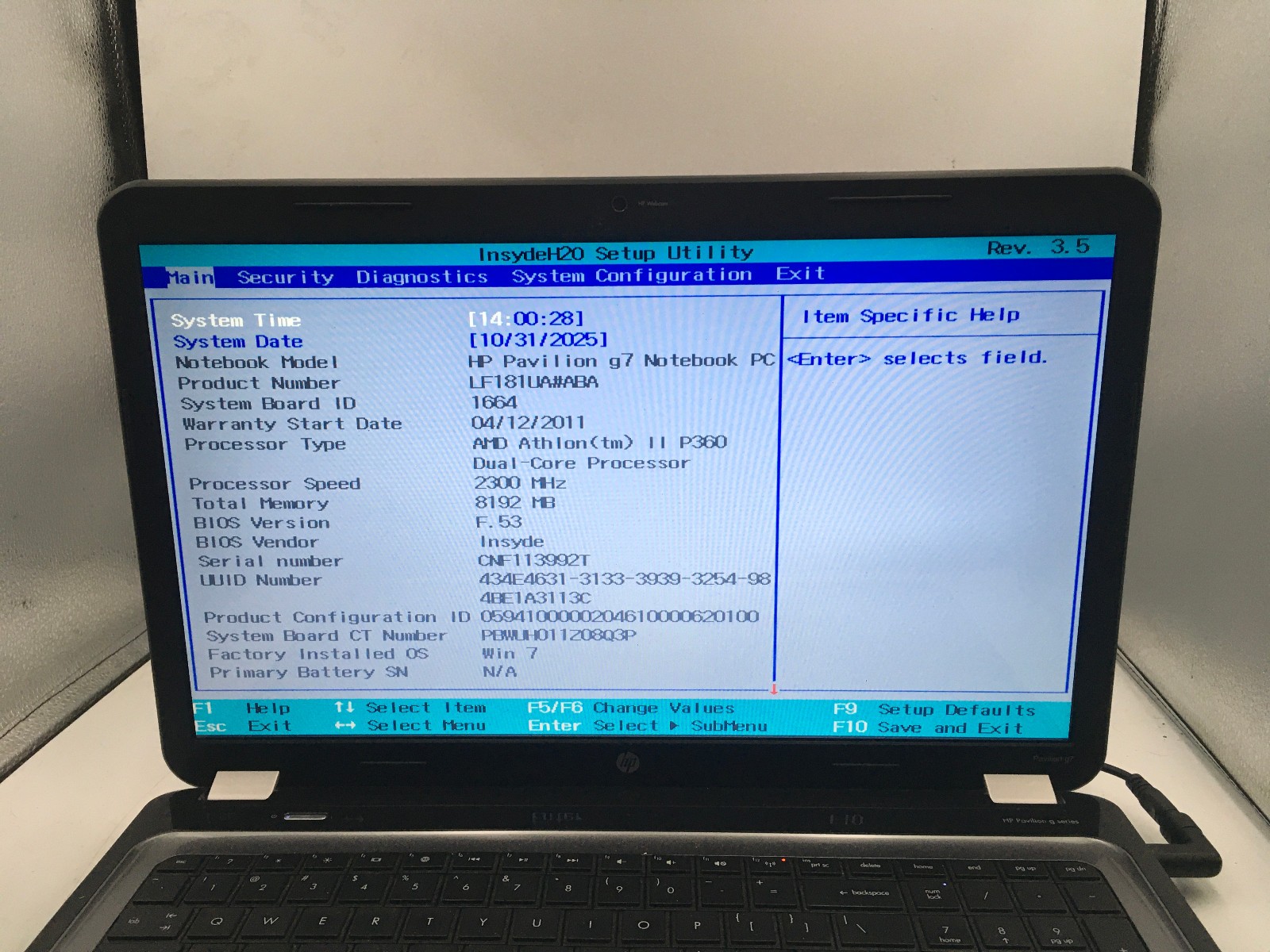 HP PAVILION G7 1017CL – BOOTS TO BIOS – AMD ATHLON II – NO RAM – READ DESC – BB