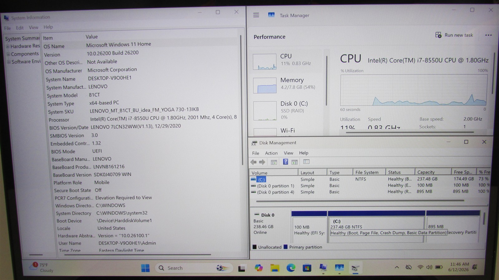 Lenovo Yoga 730-13IKB i7-8550U 1.8GHz 8GB RAM 256GB NVME 13″ W11H 2-in-1 DENTS