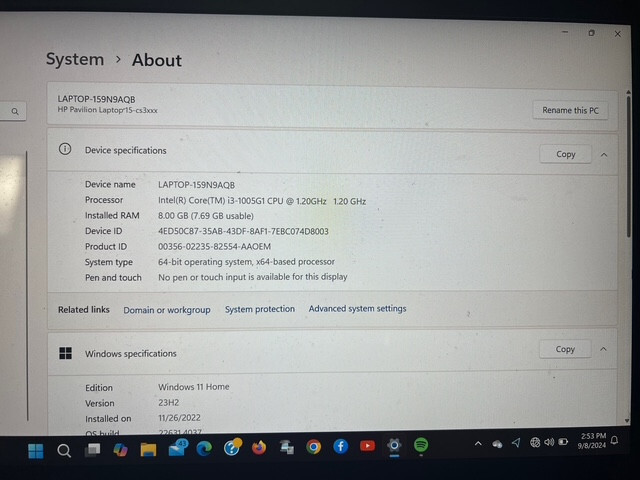 HP PAVILION 15-CS3XXX | INTEL CORE I3-1005G1 1.20GHZ | 500GB | 8GB RAM | WIN 11
