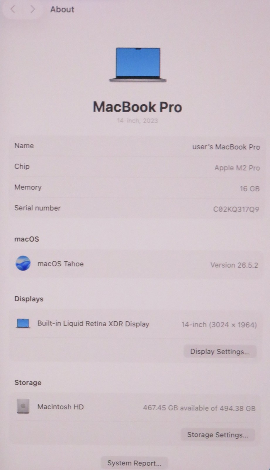 Apple Macbook Pro 2023 14in Retina M2 Pro 16GB RAM 512GB Tahoe A2779