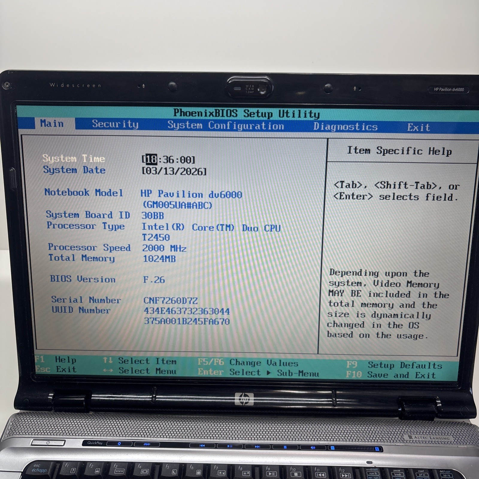 Hp Pavilion DV6000 Intel Centrino duo – 15.6″. No HDD. Boots to BIOS.