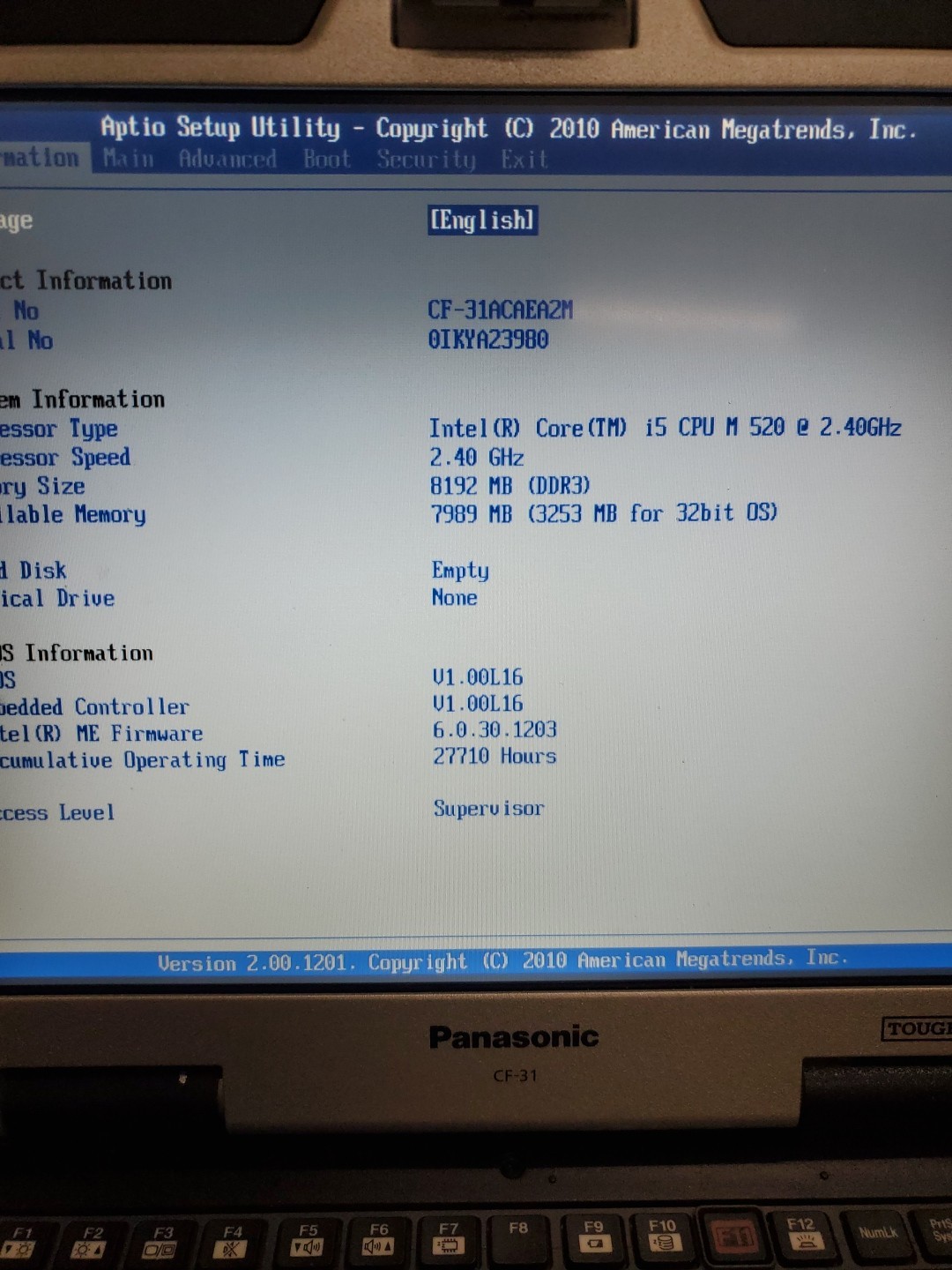 Panasonic Toughbook CF-31 MK-1 i5 520M @ 2.40GHz 8GB 27710HRS Diesel