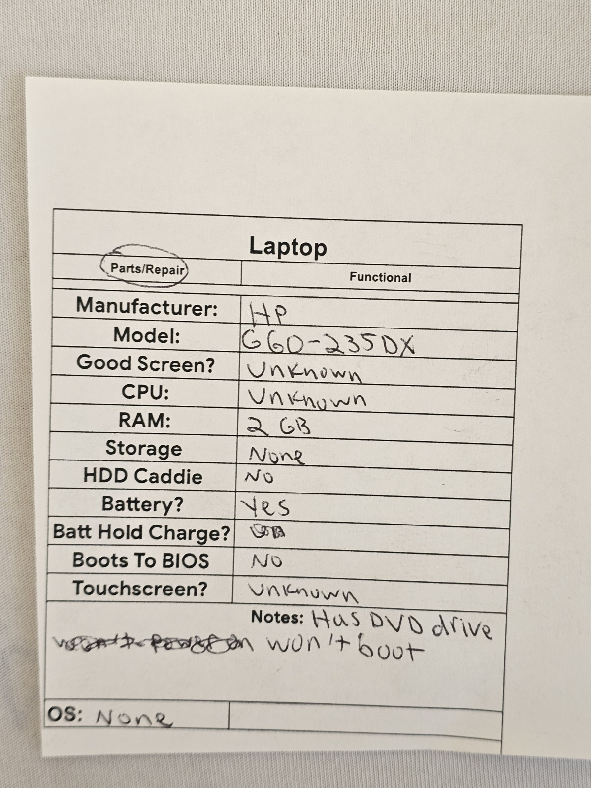 HP G60-235DX Laptop – 2GB RAM – WON’T BOOT – Parts/Repair – Read Desc.