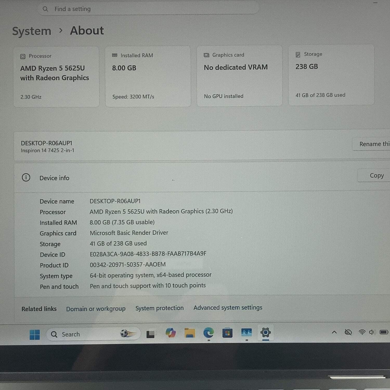 Dell Inspiron 7425 14″ Ryzen 5 5625U 2.3GHz 8GB RAM 256GB SSD FAN NOT WORKING