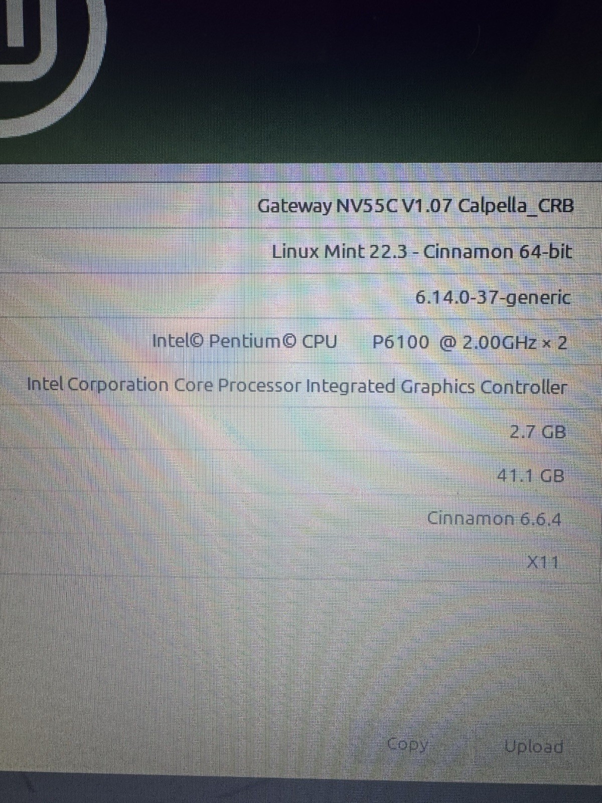 Gateway NV55C Laptop Pentium P6100 2GHz 4GB RAM 41G SSD Linux Mint 22.3 Cinnamon