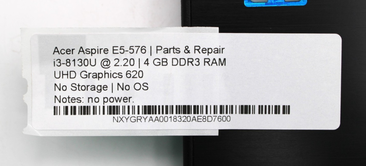 Acer Aspire E5-576 i3-8130U@2.20GHz 4GB DDR3 NO STORAGE OR OS *PARTS/REPAIR*