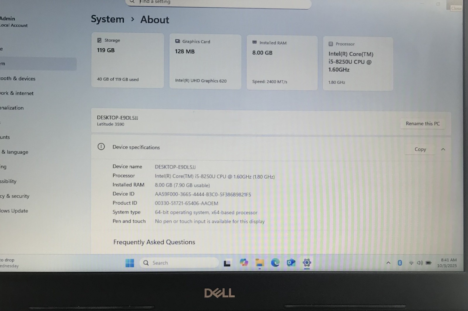 DELL LATITUDE 3590 i5-8250U@1.60GHz 8GB RAM 128GB M.2 SATA SSD W11P *READ