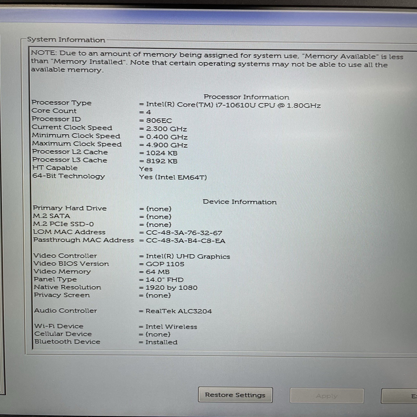 Dell Latitude 5410 14″ i7-10610U 1.80 GHz 8 GB RAM No SSD/OS/AC/Batt – READ