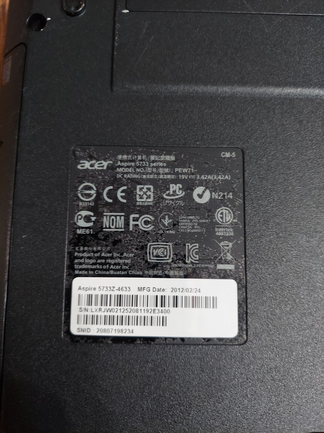 ACER Aspire 5733 Laptop – Intel Core i3, 4GB RAM, 60GB SSD – No OS