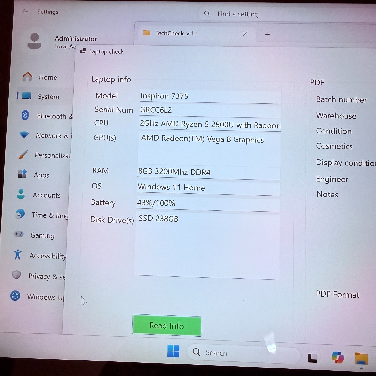 Dell Inspiron 7375 2-in-1 Ryzen 5 2500U 8GB 256GB SSD Touchscreen Win11 with AC