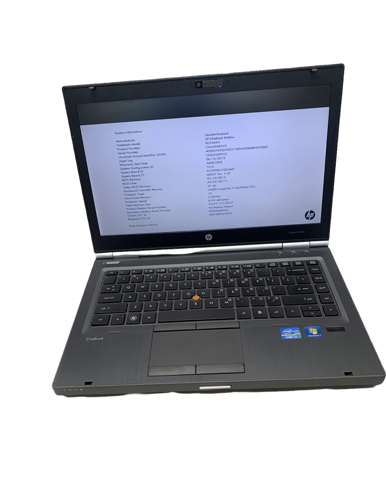 HP EliteBook 8460W i7-2670QM 2.20GHz 8GB not hard drive