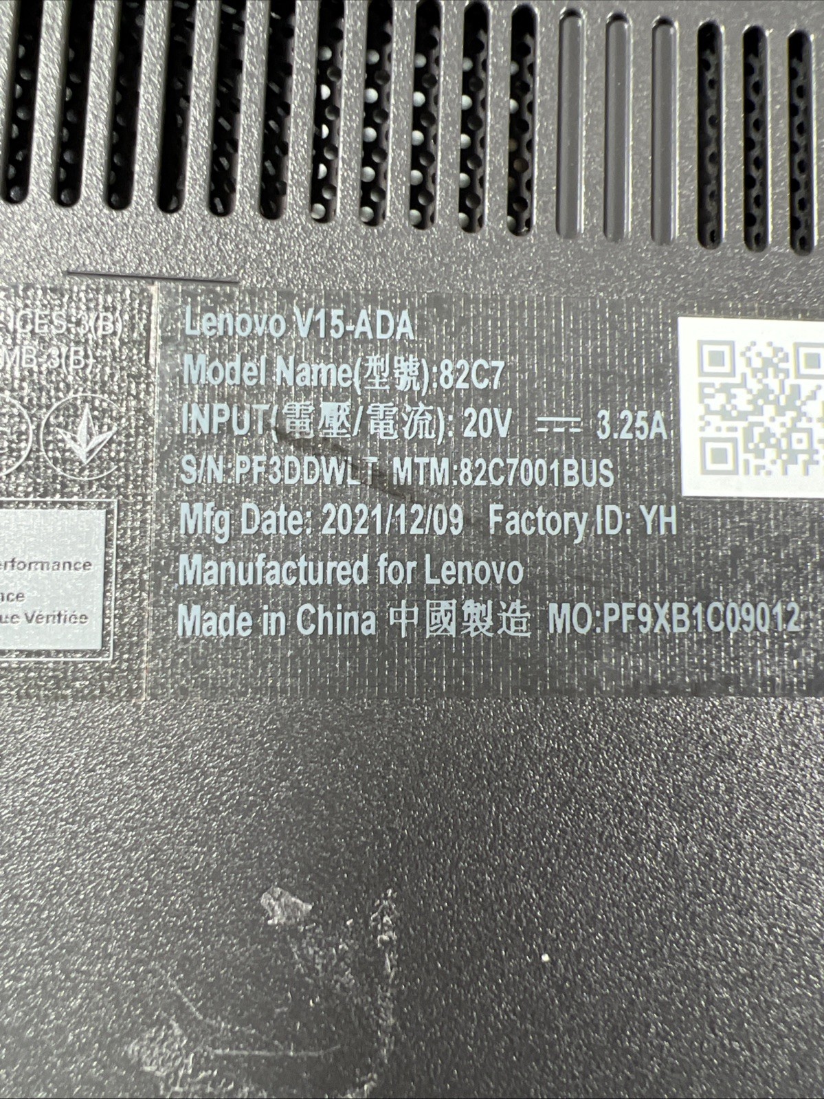 LENOVO V15-ADA AMD ATHLON GOLD 3150U 8GB RAM **NO HD/ NO CADDIE/ NO OS